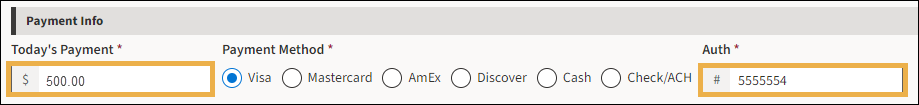 Payment Info with yellow highlight boxes around the Today's Payment and Auth # and showing selected radio button for Payment Method.